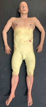 Partially skinned silicone prosthetic dummy, with silicone skin from mid chest over full arms and head, feet and legs to the knee